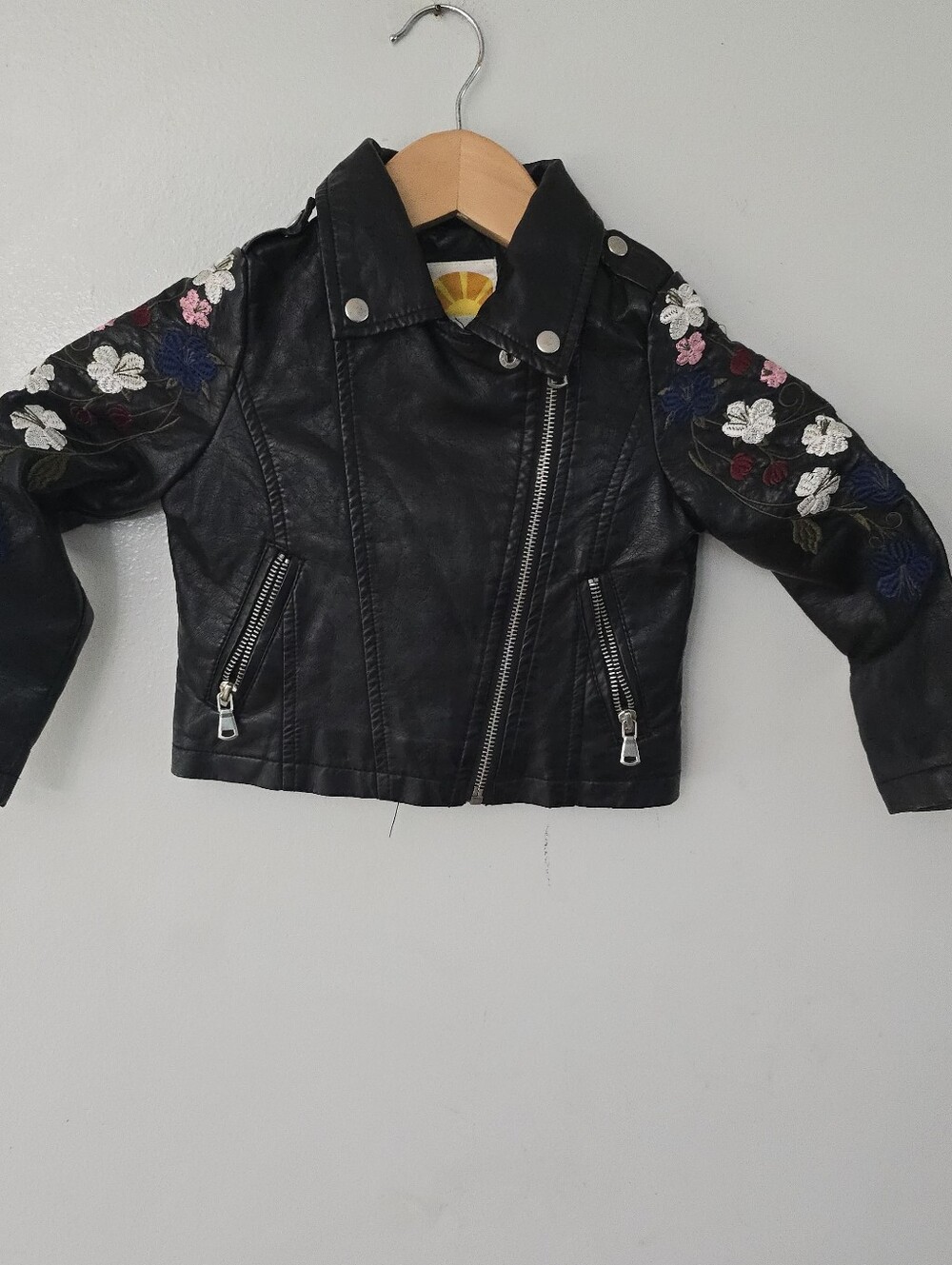 C&C California Black Faux Leather Moto Jacket with Multicolor Floral Embroidery
